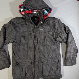 VTG Quiksilver Ski Jacket Mens XL Black Herringbone  Utility Pockets Plaid Lined